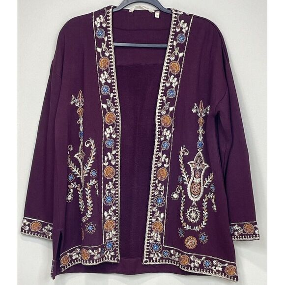 Soft Surroundings Topper Floral Embroidered Tight Knit Heavy Cardigan Burgundy M - Picture 1 of 9